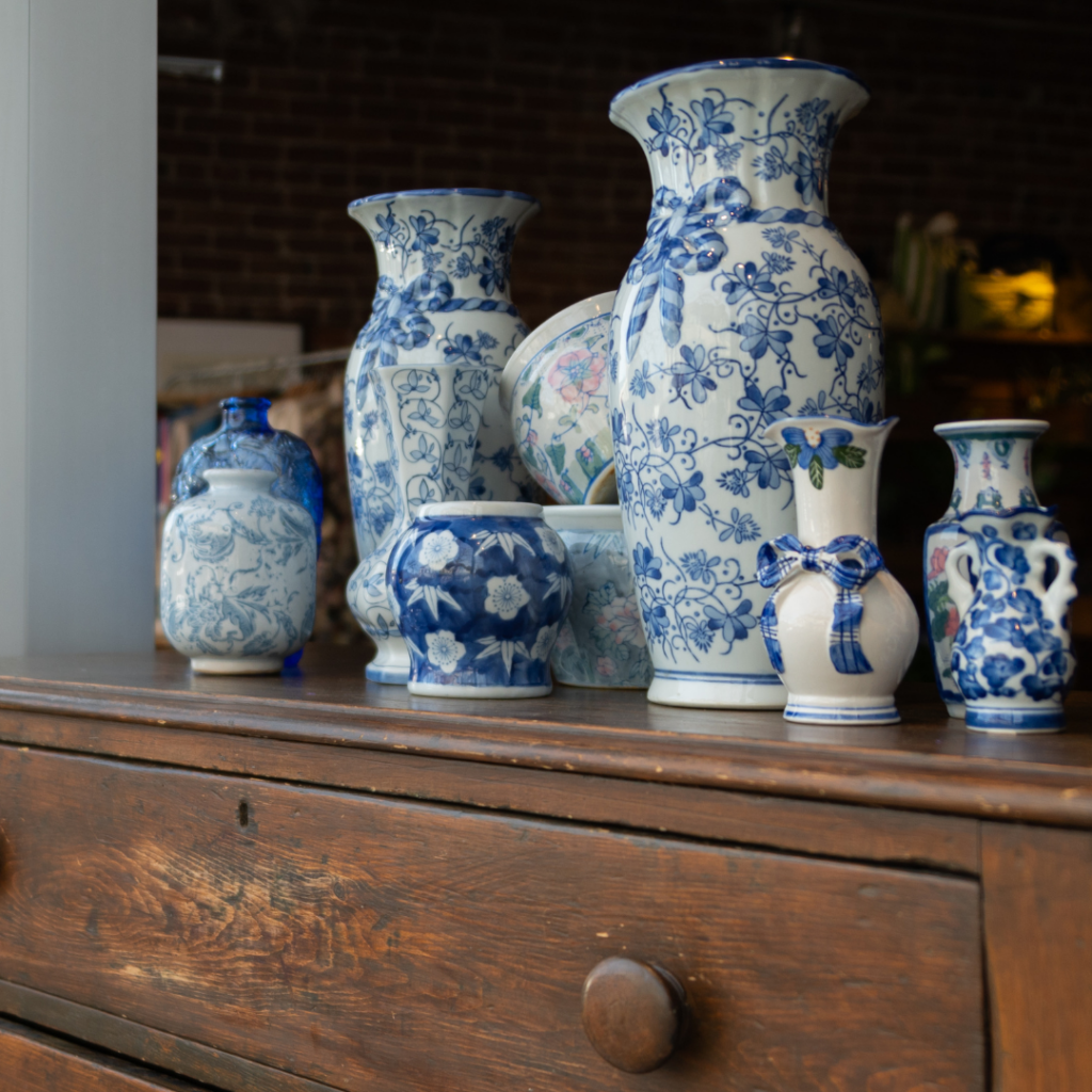 Blue and white vases at Far and Wide in Kamloops, British Columbia