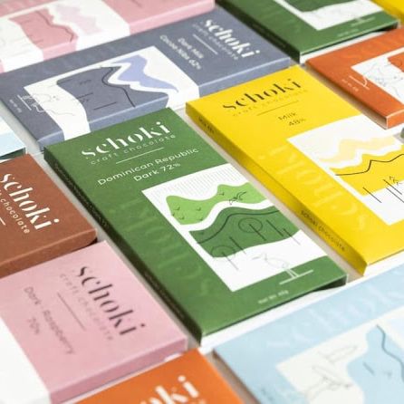 Schoki Chocolate from Squamish lined up in a colourful pattern